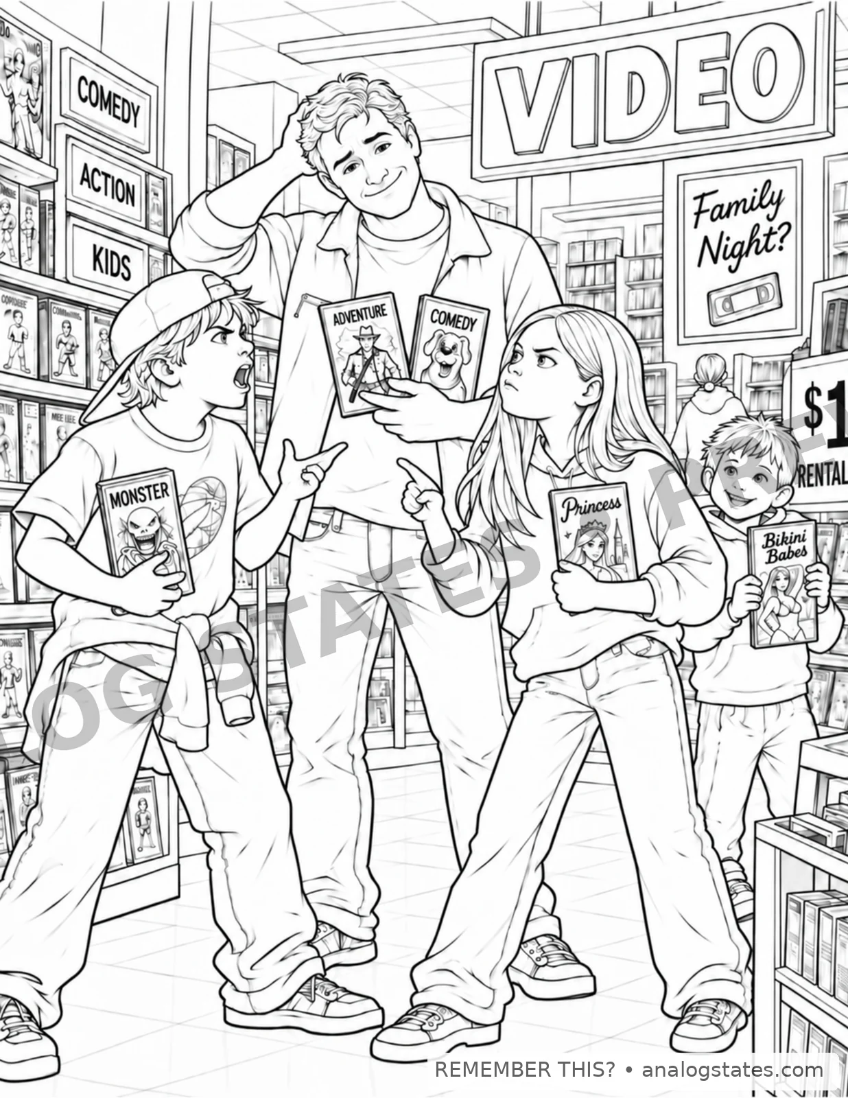 Family debating movie choices inside a nostalgic 1990s video rental store